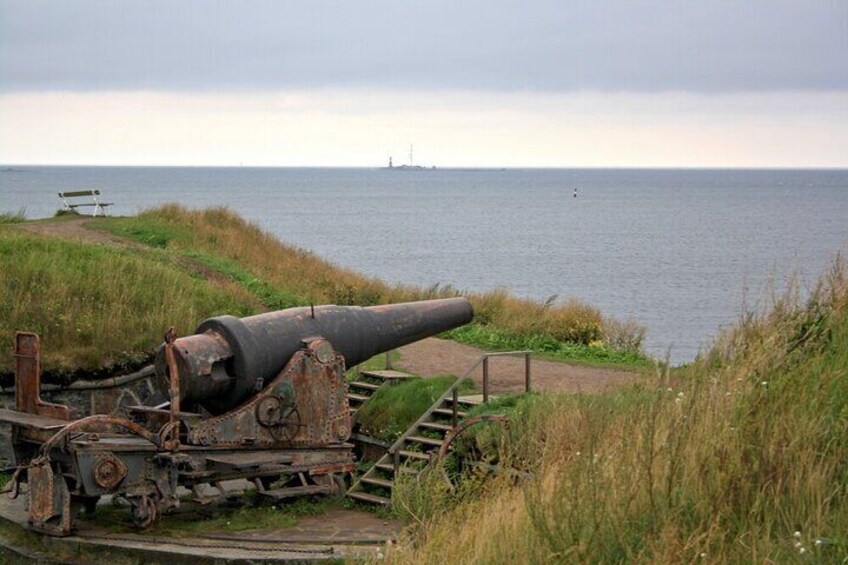 Un grand canon est installé sur une berge herbeuse, au bord de la mer. 3