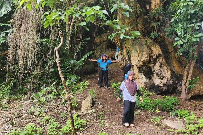 A group of people hiking on a forest trail with a large rock formation in the background. 2