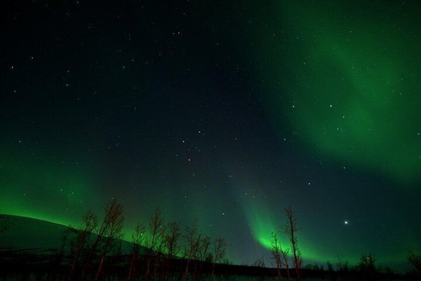 A night sky with visible stars and green aurora borealis. 3