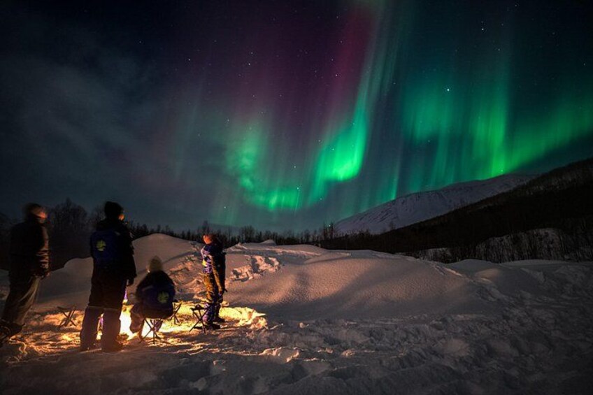 Eine Gruppe von Menschen beobachtet das Nordlicht in einer verschneiten Landschaft. 2