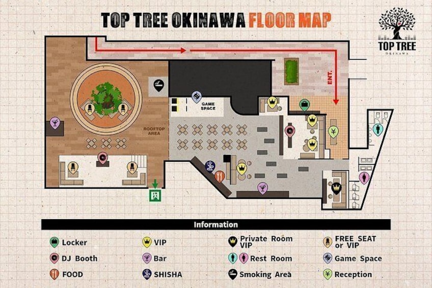 Plano del piso de Top Tree Okinawa con áreas señalizadas como VIP, espacio de juegos y comida. 5