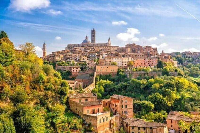 A historic town with a prominent church, a bell tower, and lush greenery. 1