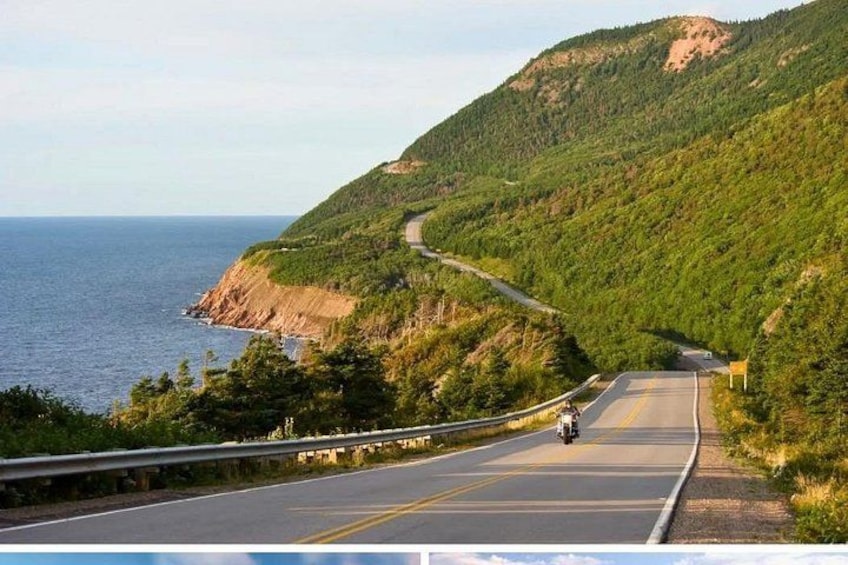 A winding coastal road with a motorcycle, surrounded by lush green hills and the ocean. 2