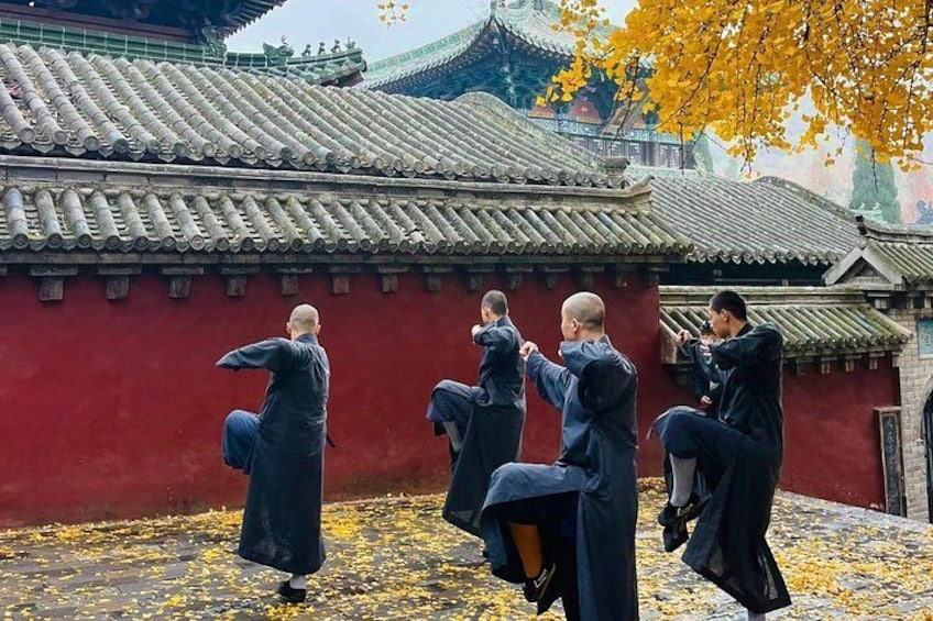 Un grupo de personas practicando artes marciales frente a un edificio tradicional con tejados de tejas. 5