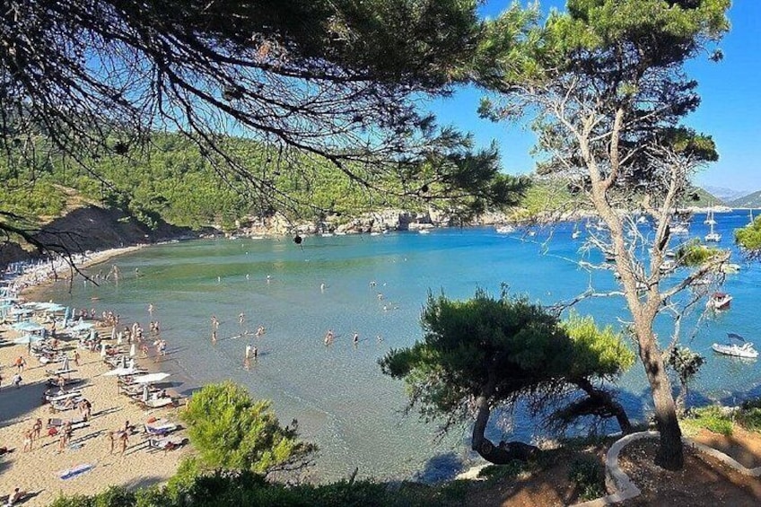 A beach with clear water, people swimming, and boats. 3