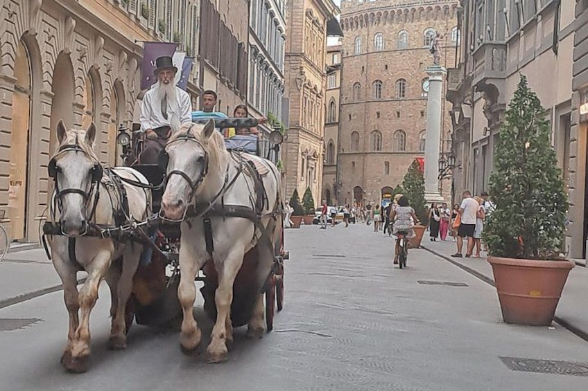 A horse-drawn carriage on a city street with pedestrians and buildings. 1