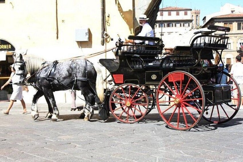A horse-drawn carriage on a cobblestone street with red wheels, a horse, and a person walking beside it. 3