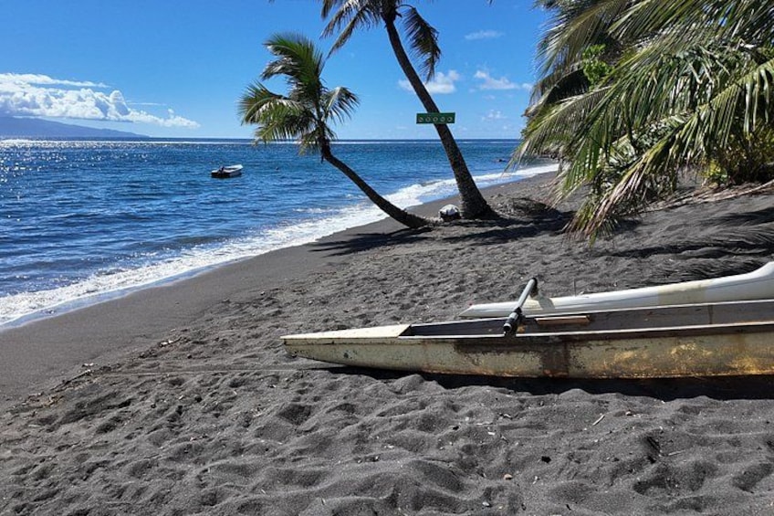 A beach with a boat, palm trees, and a clear blue ocean. 4