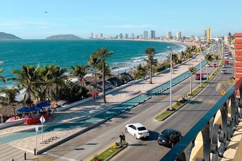 A coastal road with palm trees, a beach, and a city skyline in the distance. 5