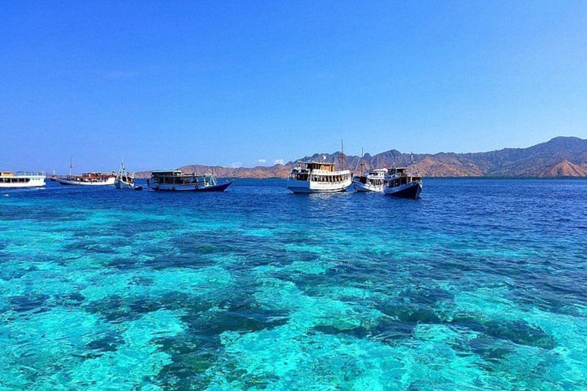 A clear blue sea with boats and a mountainous landscape in the background. 2