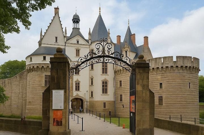 Un castillo histórico con una gran puerta, torres y un foso. 1