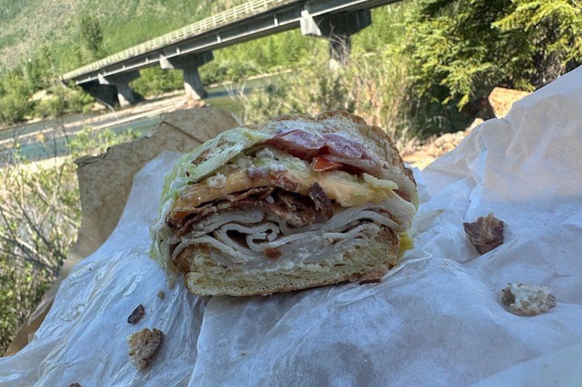 A sandwich on a paper wrapper with a bridge and greenery in the background. 4