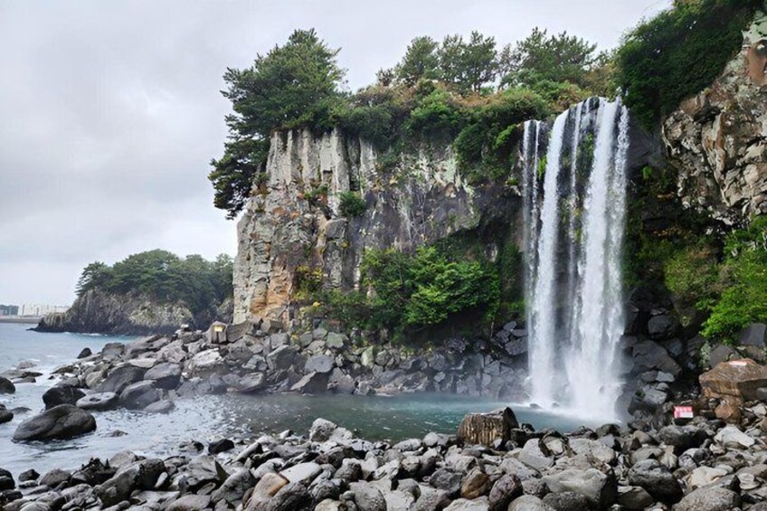 A waterfall cascading down a rocky cliff into a body of water, surrounded by lush greenery and a rocky shoreline. 3