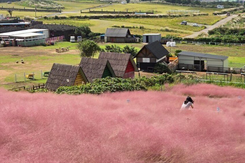 A rural landscape with a farm, a red barn, and a person riding a horse. 1