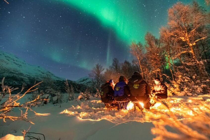 People sitting by a campfire in a snowy landscape with the aurora borealis in the sky. 3