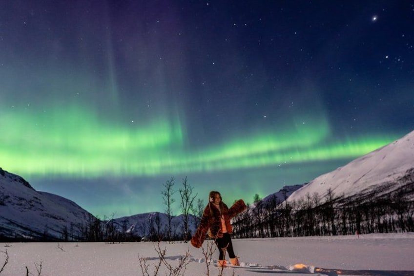 A person skiing on a snow-covered slope under a night sky with the aurora borealis. 2