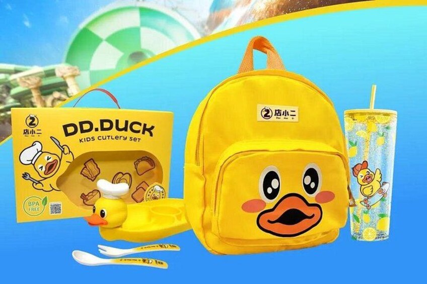A yellow duck-themed backpack, a cutlery set, and a tumbler with a duck design. 5