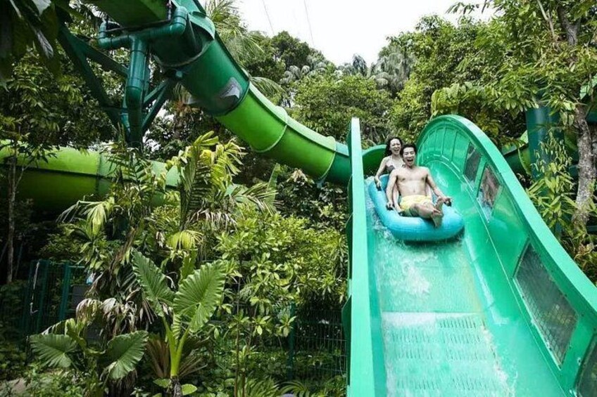 A water slide with a person in a tube, surrounded by dense tropical vegetation. 3