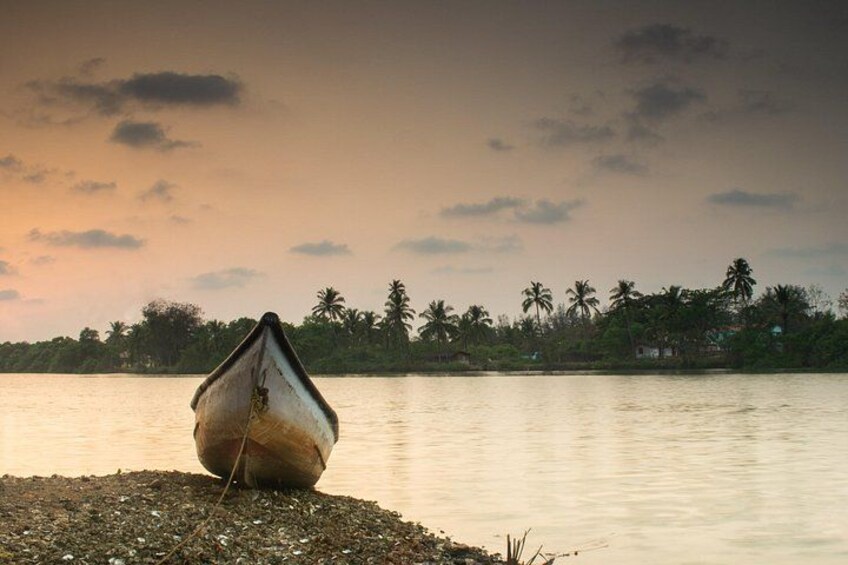 A boat on a pebbled shore with a sunset and palm trees in the background. 3