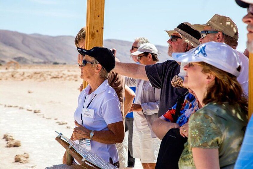 Un grupo de personas de pie al aire libre, algunas con sombreros, y un paisaje desértico al fondo. 5