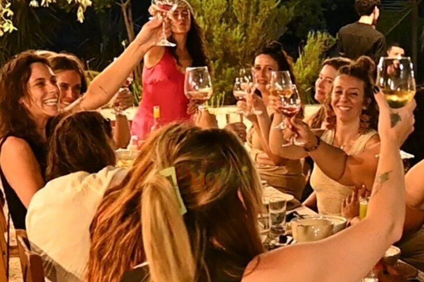 A group of people toasting with wine glasses at an outdoor gathering. 2