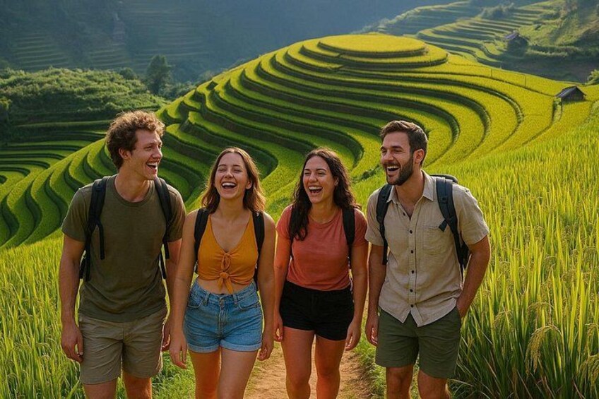 Four people walking on a path through terraced rice fields. 3