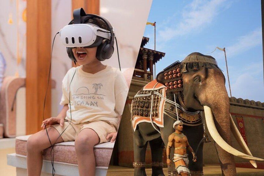 A child with a VR headset, an elephant statue, and a traditional Indian figure. 1