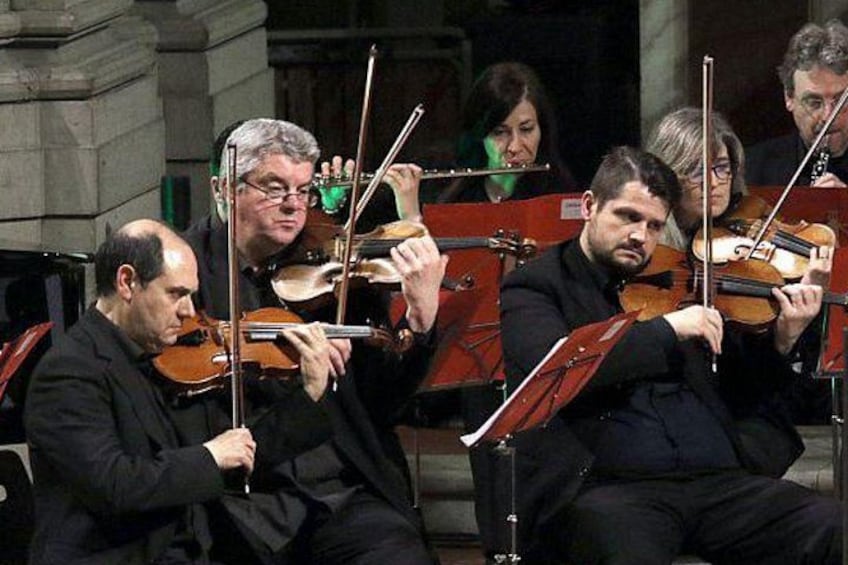 A group of violinists seated, playing their instruments. 3