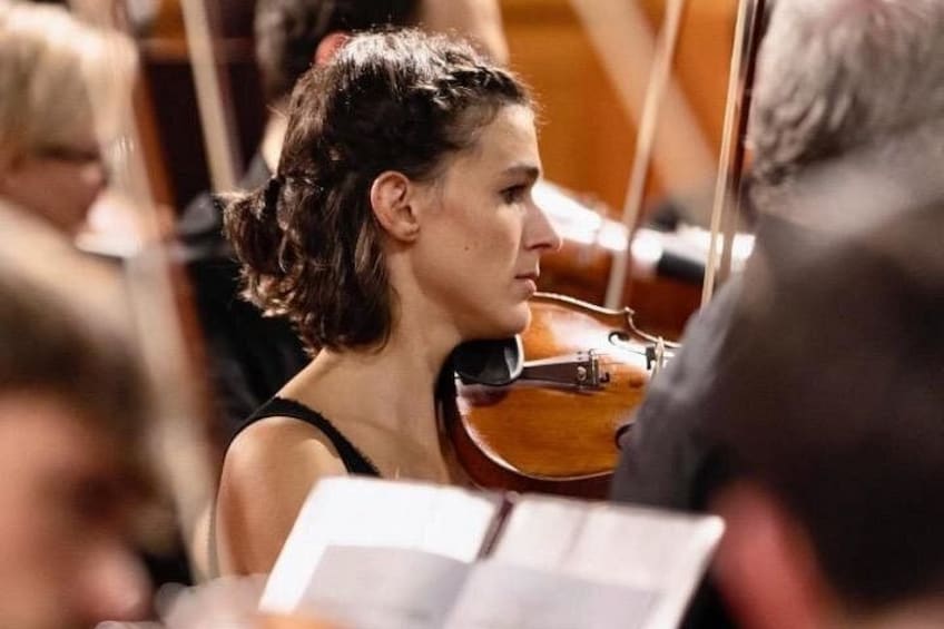 Een persoon speelt viool in een orkest. 2