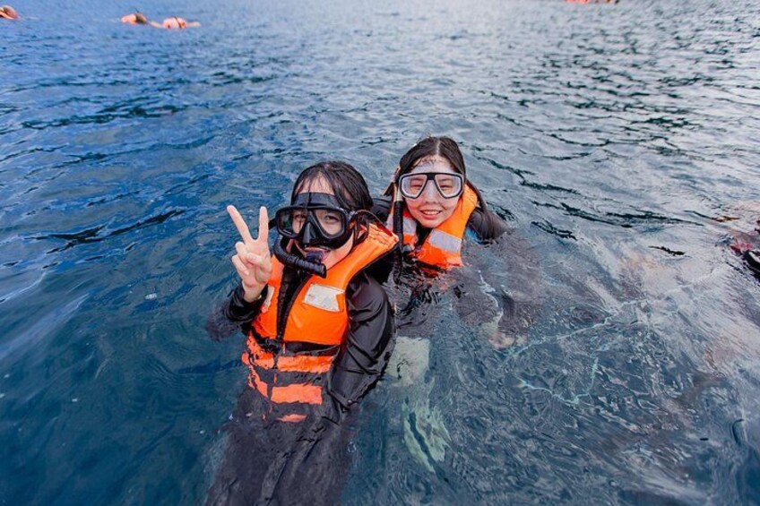 Two people snorkeling in clear blue water. 3