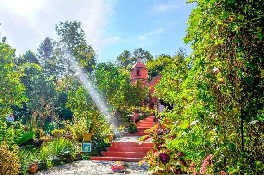 Un jardin avec des marches rouges menant à un bâtiment surmonté d’un dôme. 2