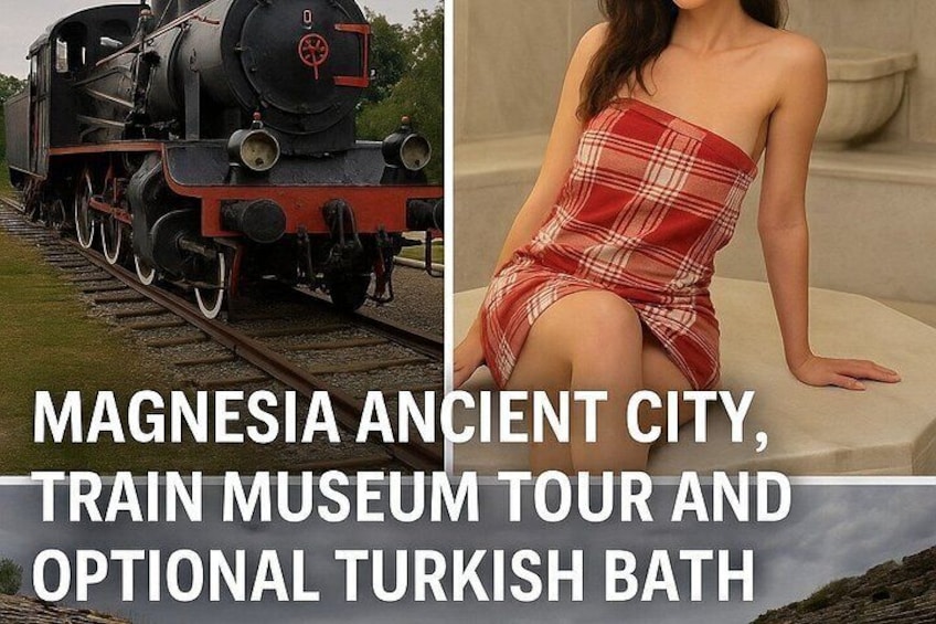 A steam locomotive, a woman in a red dress, and text about a train museum tour and optional Turkish bath. 3