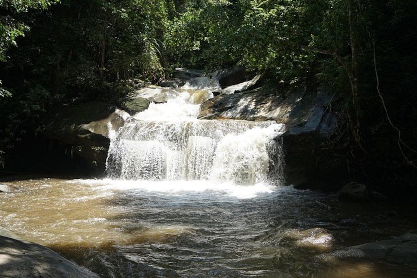 A waterfall cascading over rocks in a forested area. 1