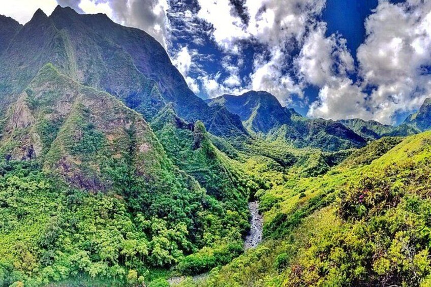 Un paisaje montañoso con vegetación exuberante y un río. 1