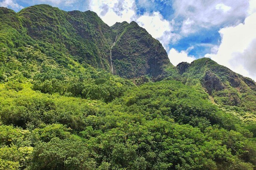 Un paisaje montañoso verde y exuberante con vegetación densa y un cielo despejado. 2