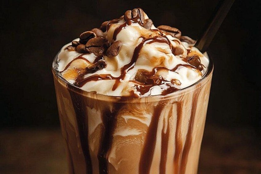 A glass of chocolate milkshake topped with whipped cream and chocolate syrup. 2
