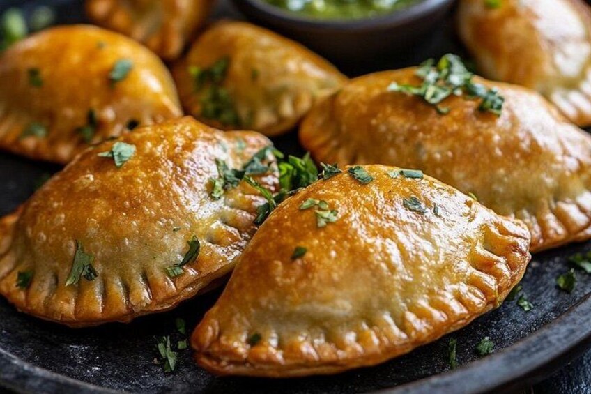 Golden-brown pastries with a crimped edge, garnished with green herbs, on a dark surface. 3