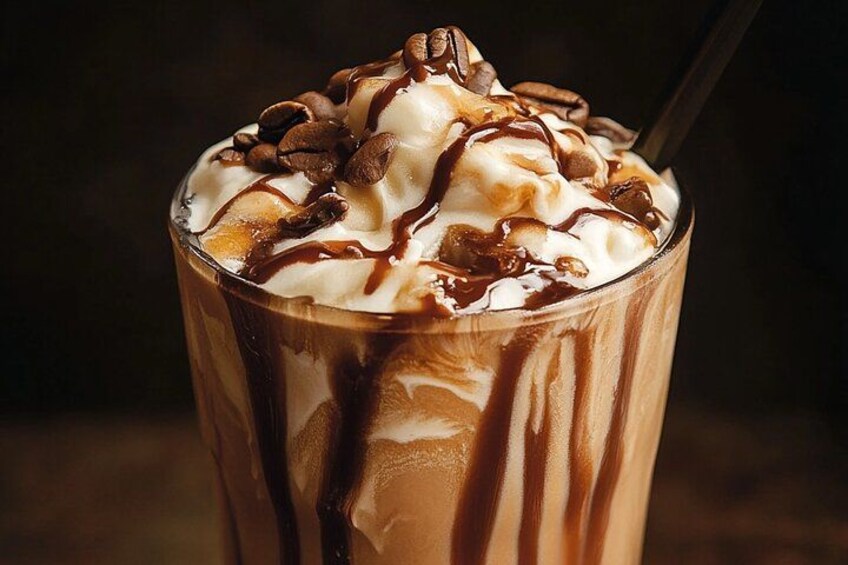 Un vaso de batido de chocolate cubierto con crema batida y sirope de chocolate. 4