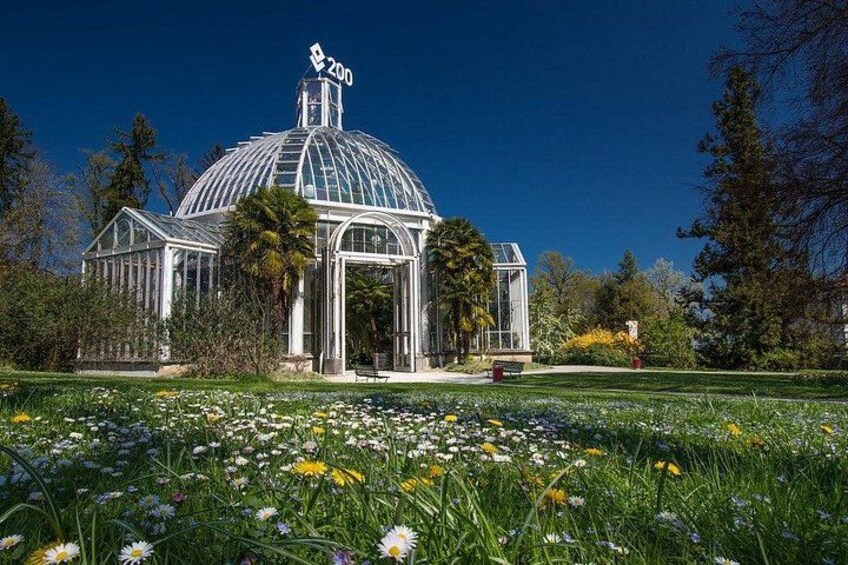 A glasshouse with a dome roof, surrounded by a garden with various flowers. 3