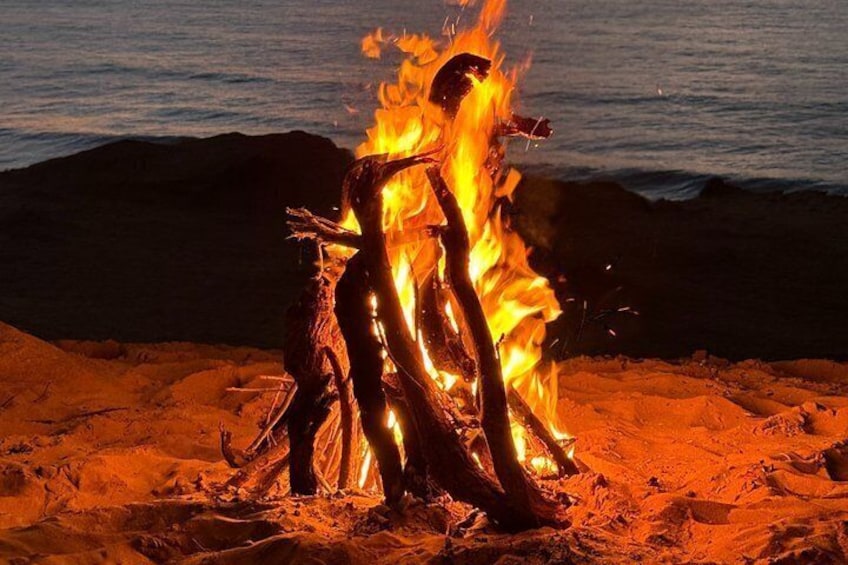 Una hoguera en una playa arenosa con olas del océano al fondo. 2