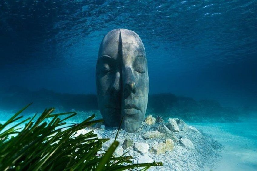An underwater sculpture with a face, surrounded by rocks and aquatic plants. 5