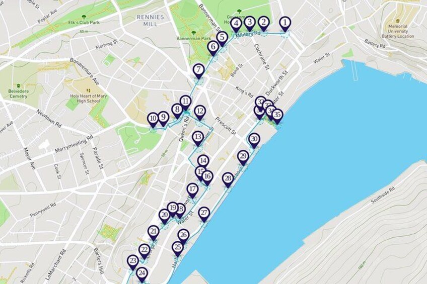 A map with numbered markers indicating locations along a coastal road. 1