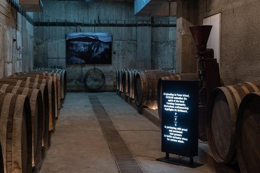 A wine cellar with wooden barrels and a signboard. 3