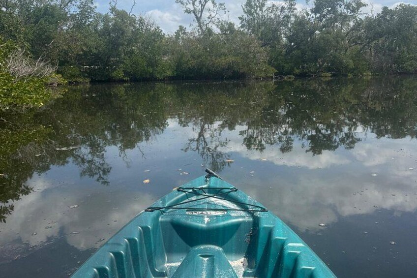 Een kano op kalm water, bomen weerspiegelen in het oppervlak. 3
