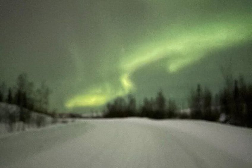 A snow-covered road with trees on both sides and the aurora borealis in the sky. 2