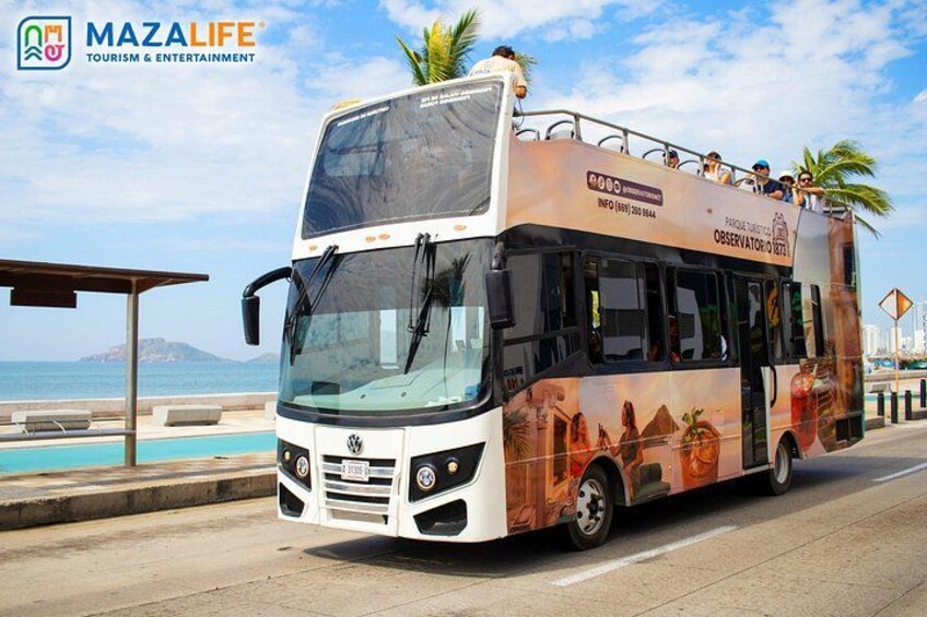 A double-decker bus with a tropical theme, parked near a pool and palm trees. 1