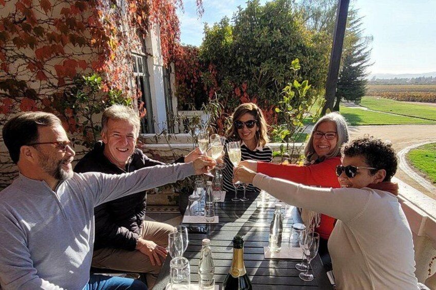 A joyful toast among travelers during a wine tasting in the Casablanca Valley. 1