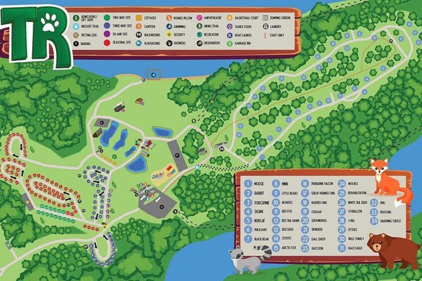 A park with various animal exhibits, pathways, and a pond. 2