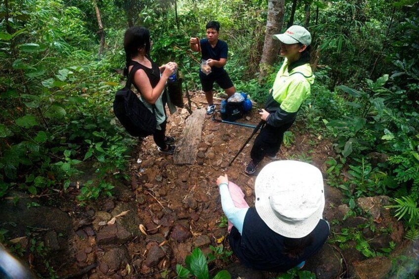 A group of hikers on a rocky trail in a forested area. 2