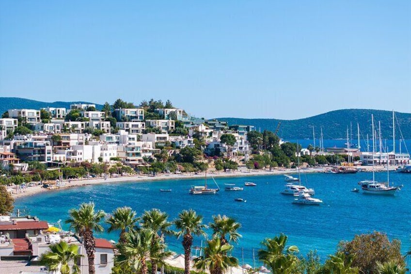 A coastal town with buildings on a hillside, a beach, and boats in the water. 3